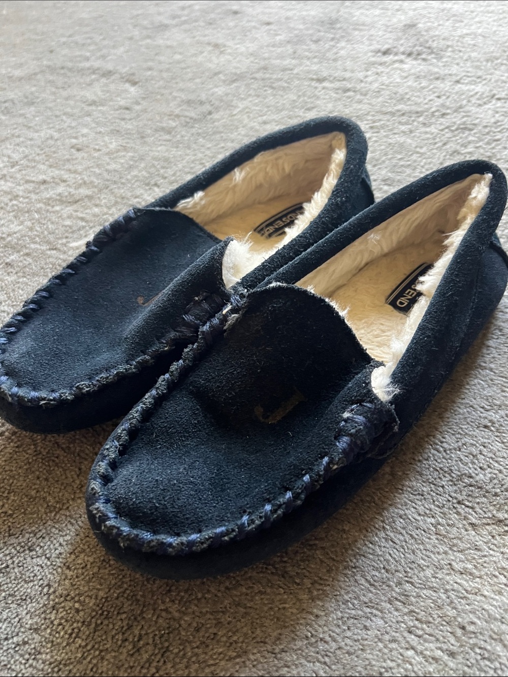 Lands End “J” embossed Navy Suede Slip-On Moccasin with Cream Faux Fur Lining